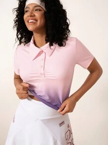 Easithlete Women Ombre Short Sleeve Ruched Casual Sports Polo Shirt,Outdoor,Cycle,Bike,Lightweight Running,Strength,Yoga,Party,Tennis,Hike, Cardio,Purple Sweatshirts,Festival,Spring - Pink - View 7