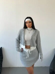 POPSWAY 2pcs/Set Plus Size Women Grey Casual Sport Pullover Sweatshirt And Mini Skirt Suit, Simple Style