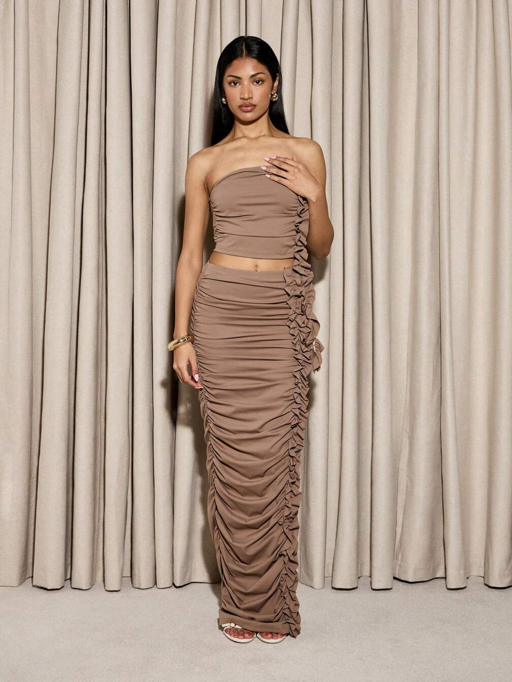 two piece bodycon maxi dress Strapless Draped Two Piece Maxi Dress Red