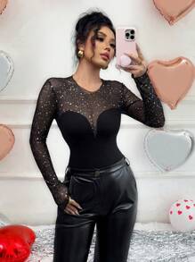 Calvaya Sexy Slim Fit Long Sleeve T-Shirt With Mesh & Sequins Splicing Details