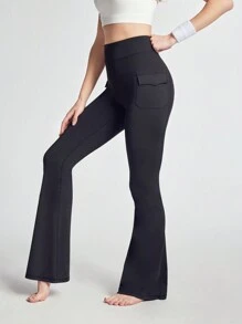 SHEIN Sports Women Solid Color High Waist Fitted Flared Sports Pants - Black - View 7