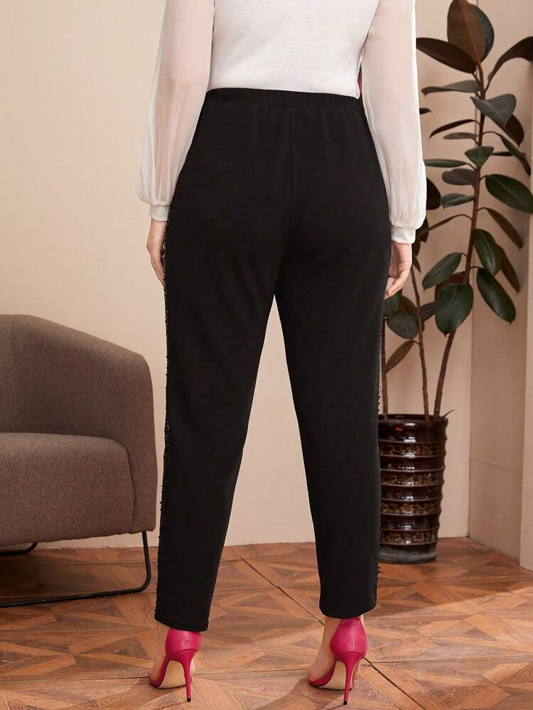 Plus Sequin Panel Solid Pants