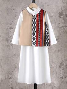 2pcs/Set Young Boy Casual Sleeveless Vest And Long Sleeve Dress Outfit, Minimalist And Fashionable For Daily Wear - Khaki - View 7