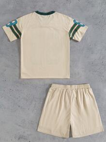 Manfinity Sporsity Conjunto de camiseta de manga corta con cuello en V y estampado de dígitos, y pantalones cortos para hombre