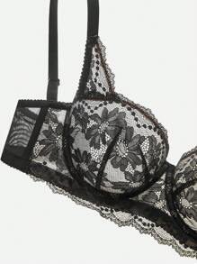 LUVLETTE 女士内衣休闲曲线半罩杯聚拢透气钢圈性感无衬里黑色蕾丝优雅网眼迷你文胸新娘内衣