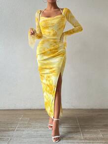 RosyDaze Váy xẻ cao màu buộc dây dành cho nữ, thích hợp cho mùa hè - Màu vàng - Xem 3