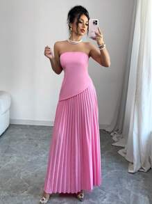 Elenzga 2pcs Women Bandeau Top & Pleated Skirt Set