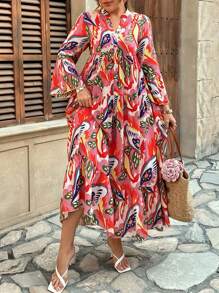 Breezaya Vestido casual largo con cuello en V, mangas con volantes y estampado - Multicolor - Ver 5