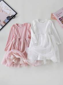 PrepCrw Young Girls Spring/Summer White/Pink Academic Style Knit & Mesh Waist Shaping A-Line Round Neck Dress/Set