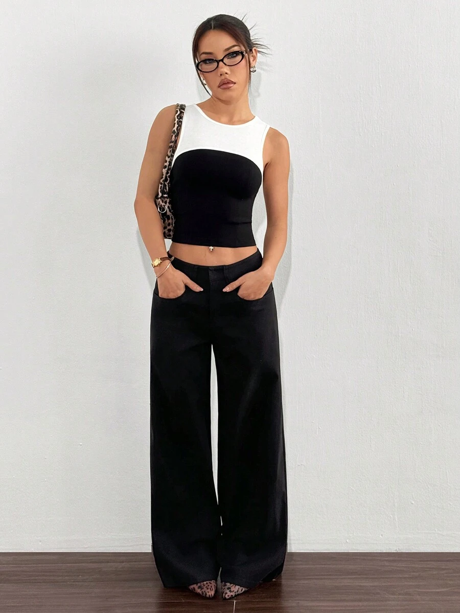 SHEIN EZwear 女士圆领无袖短款上衣和长裤套装 - 黑與白 - 查看 1