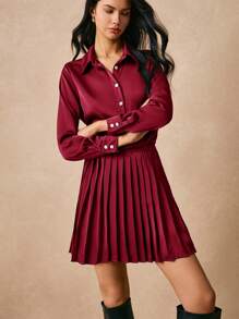 Poéselle 2 Pieces Set: Women Solid Button Front Long Sleeve Top And A-Line Skirt, Casual Outfit - Burgundy - View 6
