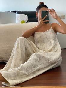 Livesso Chinese Style Tie-Dye Print Crinkle Fabric Camisole Jumpsuit Pajama - White - View 3