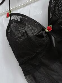 Seduluxe 2 piezas Vestido camisón de lencería para mujer con encaje floral romántico, elegante y sexy, malla translúcida y lazo grande, color negro