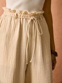 Poéselle 休闲高腰荷叶边阔腿裤，配有抽绳腰带 - 配有侧袋和柔软舒适的材质，这些裤子非常适合夏季休闲、轻松外出和轻松风格