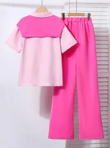 Teen Girls Vacation Casual Style Pink Chiffon Ruffled Blouse + Straight Leg Pants