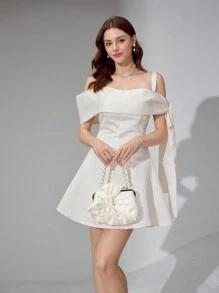 Poshira Damen Kleid mit einfarbigem breitem Träger für Lässig Partys, Damen Mode Frühling Sommer Partykleid für Feiern, Dates, Urlaub, Hochzeit und Prominenten-Events, modisches Taillenkleild für Hochzeitsgäste - Aprikosenfarben - Übersicht 4