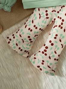 SHEIN Baby Girl Embroidered Ruffle Collar Long Sleeve Top & Digital Print Flare Pants 2 Pieces Outfit Set, Comfortable Fashionable Cute For Autumn/Winter