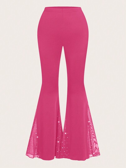 Sweetra Pantalones acampanados de malla de color liso y parches, uso diario casual para tallas grandes