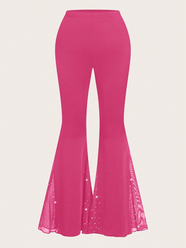 Sweetra Plus Size Plain Color Mesh Patchwork Flare Pants, Casual Daily Wear Fall Cloth For Women