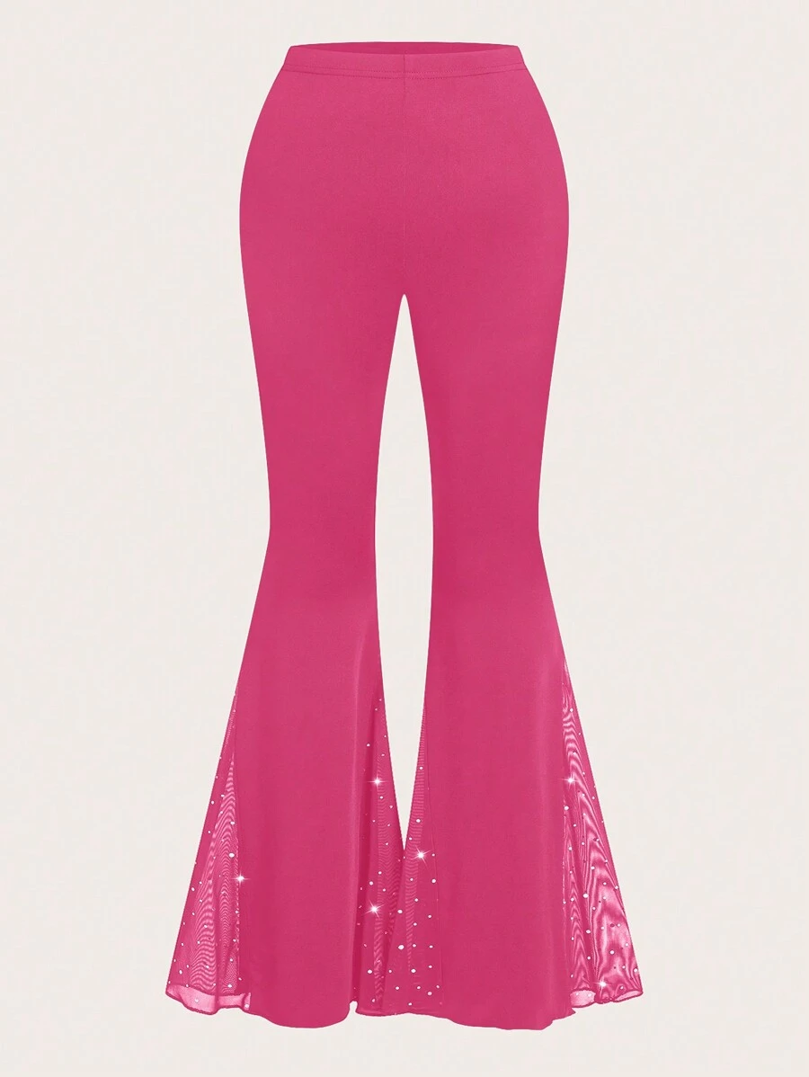 Sweetra 大码纯色网眼拼布喇叭裤，休闲日常穿着