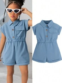 SHEIN Girls Young Girl Formal Summer New Lapel Half-Open Sleeveless Jumpsuits, Casual Waist Elastic Shorts Suit, Fashion All-Match