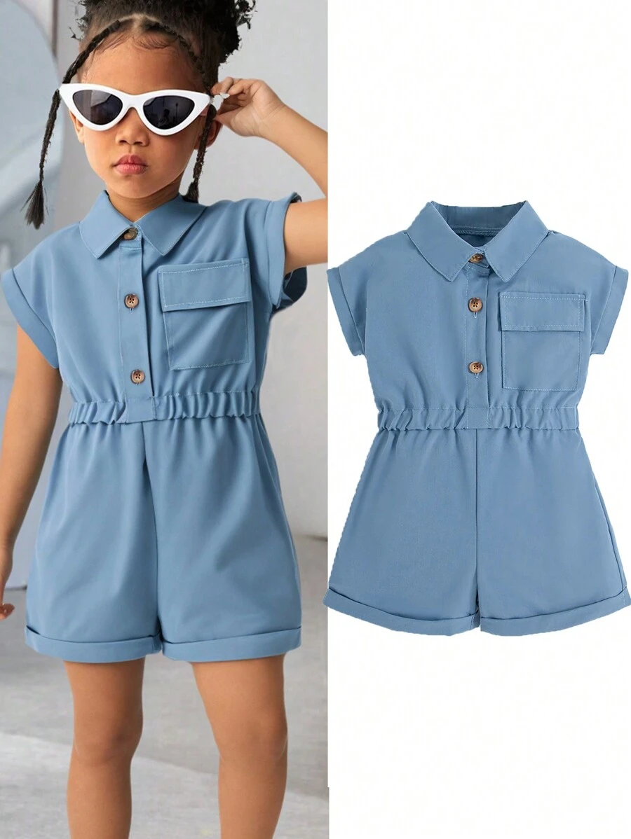 SHEIN Girls Young Girl Formal Summer New Lapel Half-Open Sleeveless Jumpsuits, Casual Waist Elastic Shorts Suit, Fashion All-Match