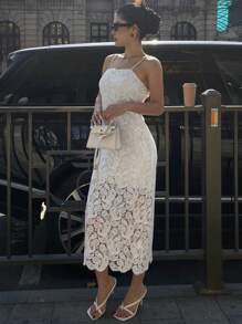 DAZY 女士蕾丝细肩带休闲紧身中长连衣裙太阳裙 - 白色 - 查看 6