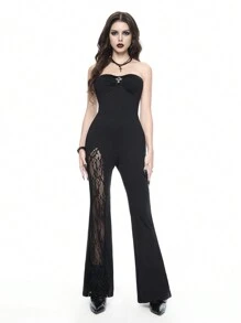 ROMWE Goth Mono de mujer sexy y ceñido con parches de encaje, corte en la cintura y vuelo para estilizar la figura