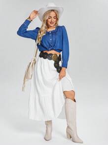 SHEIN LUNE Sun Skirt Boho Western Wear Women Women's Solid High Waist Tie-Up Textured Ruffle Trim Long Skirt