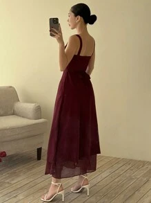 DAZY Women's Red Burgundy Square Neck Layered Elegant Midi Dress Elegant Sundress Christmas - Burgundy - View 5