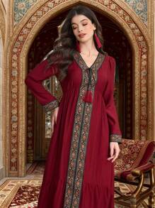 Al Najma Bright Red  V-Neck Webbing Tassel Women's Elegant Ribbon Trim Dress - Red - View 3