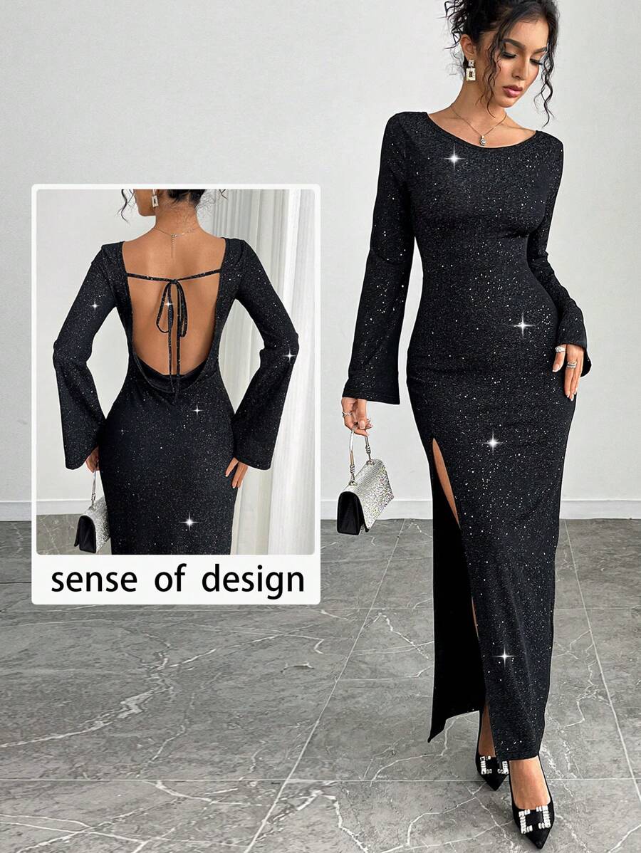 INAWLY Women's Round Neck Long Sleeve Split Hem Slim Fit Backless Dress Fall Cloth For Women - Black - View 1