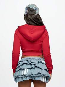 SUMWON WOMEN 7 月 4 日 MVP 全拉链短款连帽衫美国国旗设计运动休闲街头风抽绳连帽衫大学风格都市时尚拉链运动衫 - 紅色 - 查看 2