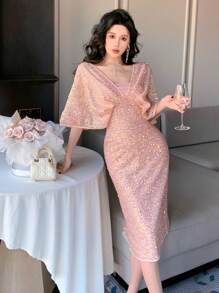 DAZY Vestido elegante de mujer de longitud media con escote en V, mangas tipo murciélago y lentejuelas, vestido de fiesta, vestido de dama de honor