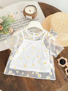 LMoss Kids Young Girl Ditsy Floral Mesh Round Neck Cropped T-Shirt - White - View 5