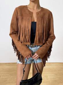 Chiquease Chaqueta corta de con flecos estilo retro y casual para vacaciones - Marrón - Ver 4