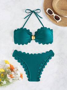 Summer Elegant Minimalist Solid Color Halter Floral Trim Top With Metal Decor & Floral Triangle Bottoms Set - Green - View 2