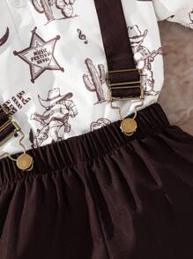 SHEIN Young Boys 2pcs Sets 2025 Spring & Summer Wildeya New Styles: Fashion Gentleman Casual Western Print Color Block Polo Shirt & Bib Shorts Set, Suitable For Outdoor Activities, Daily Wear, Ranch Theme Parties