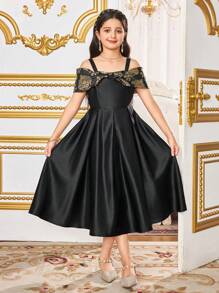 SHEIN Tween Girls' Elegant Print Patchwork Bow Strap Midi Dress - Black - View 6