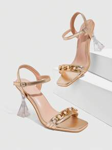 CUCCOO SZL 女士珍珠金链透明坡跟凉鞋，性感优雅浪漫金色金属 PU 礼服高跟鞋，适合约会、聚会、婚礼、蜜月、度假 - 金色 - 查看 4