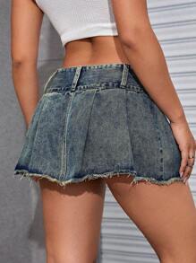 SHEIN ICON Denim Fringed Skirt - Dark Wash - View 2