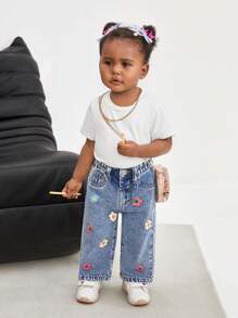 SHEIN 女婴可爱花卉图案蓝色直筒裤，女童春夏休闲度假乡村波西米亚风服装，女童沙滩装，春假狂欢装节日装 - 中等水洗藍 - 查看 3