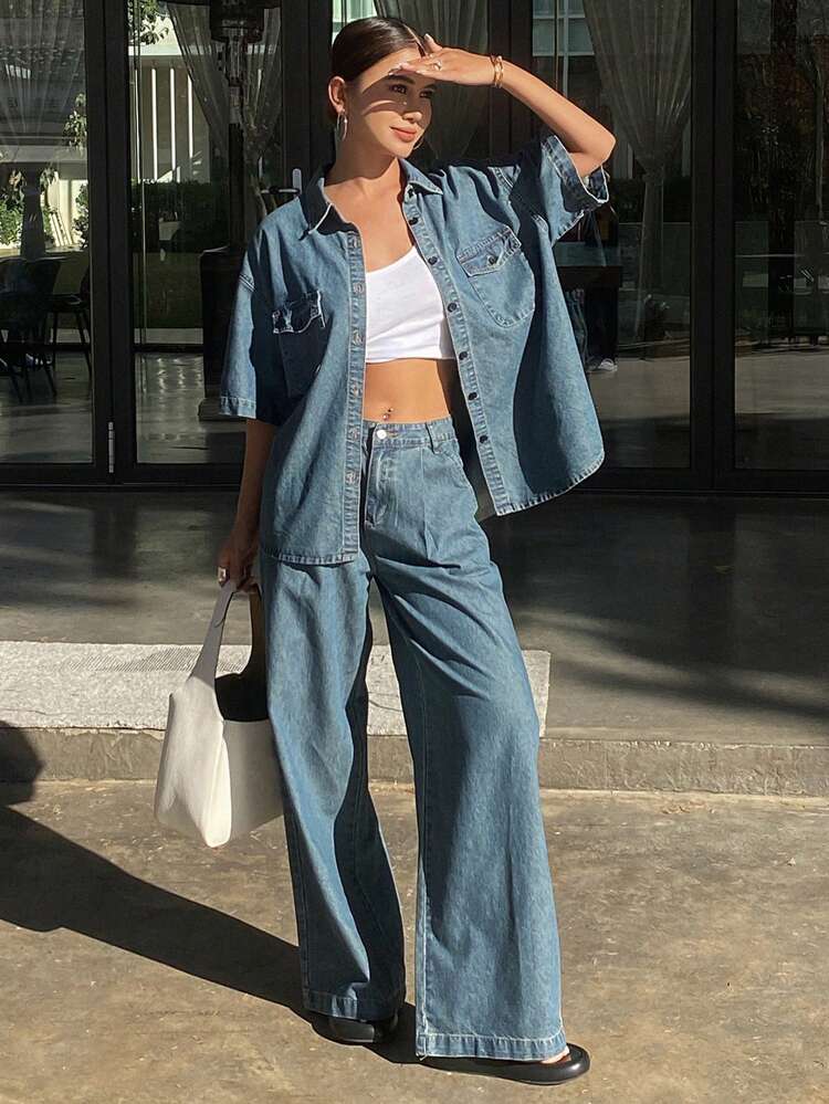 Women Short Sleeve Denim Shirt And Wide Leg Jeans Set