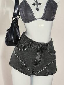 SHEIN ICON Women's Fashion Distressed Studded Decoration Y2K Black Star Denim Low Rise Jeans Shorts