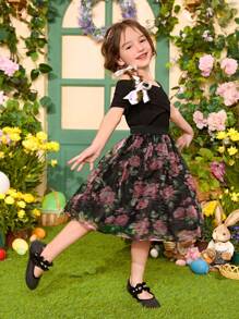 Young Girls 2pcs Knitted Solid Color Off Shoulder Top And Woven Ditsy Floral Skirt Set, Young Girl