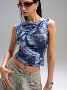 LYSMO Women's Blue Gray Printed Tank Top--Spring/Summer--2025New Arrival
