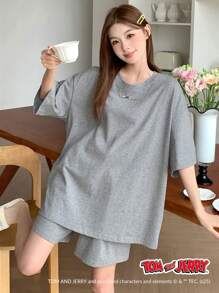 TOM AND JERRY X DAZY 休闲字母印花装饰卡通图案短袖和短裤两件套家居服套装睡衣 - 深灰色 - 查看 7