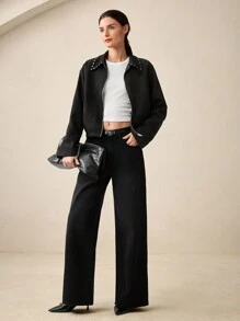 BizChic Women's Elegant Turndown Collar Rivet Decorated Commuter Jacket, Suitable For New Year Party, Spring/Summer - Black - View 2
