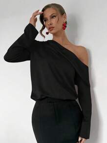 Roylia Solid Color Asymmetrical Collar Satin Office Formal Long Sleeve Shirt For New Year Clothes One Shoulder Top - Black - View 1