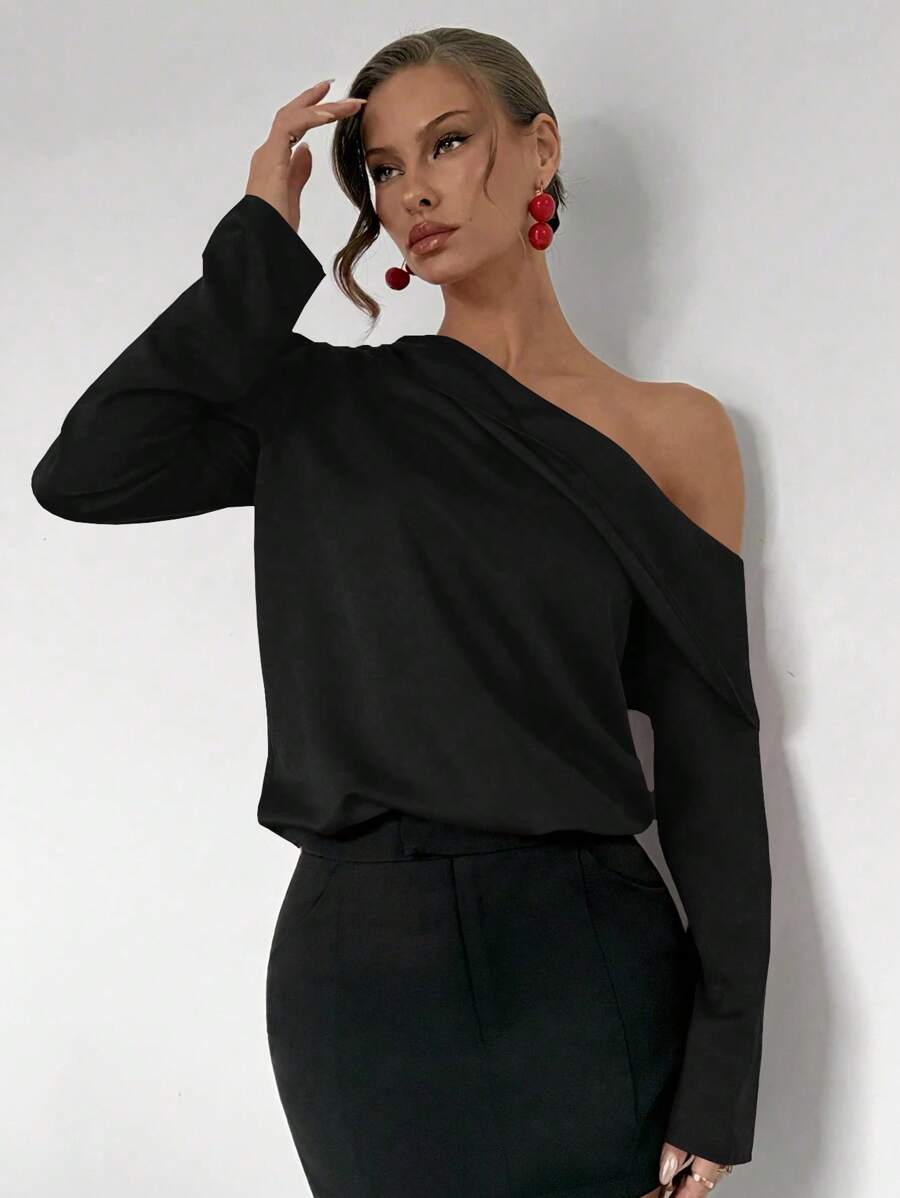 Roylia Solid Color Asymmetrical Collar Satin Office Formal Long Sleeve Shirt For New Year Clothes One Shoulder Top - Black - View 1